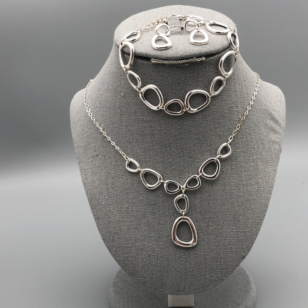 VTG Avon SAQ 1980 Jewelry Set Parure Silver Tone Metal Open Organic Link Y Chain